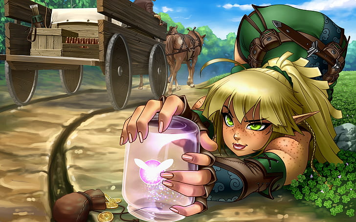 green eyes, coins, pointed ears, blonde, The Legend of Zelda, HD wallpaper