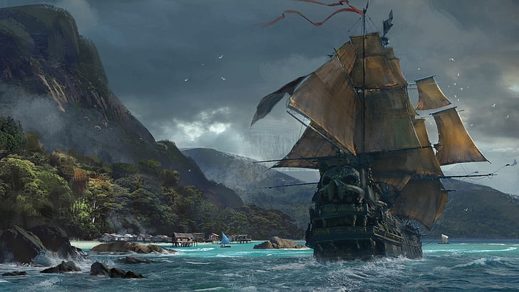 video games, ship, sea, island, Skull and Bones, water, nautical vessel