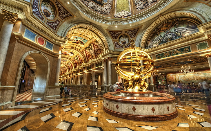 Lobby Of The Venetian, gold and brown indoor fountain, Architecture, HD wallpaper