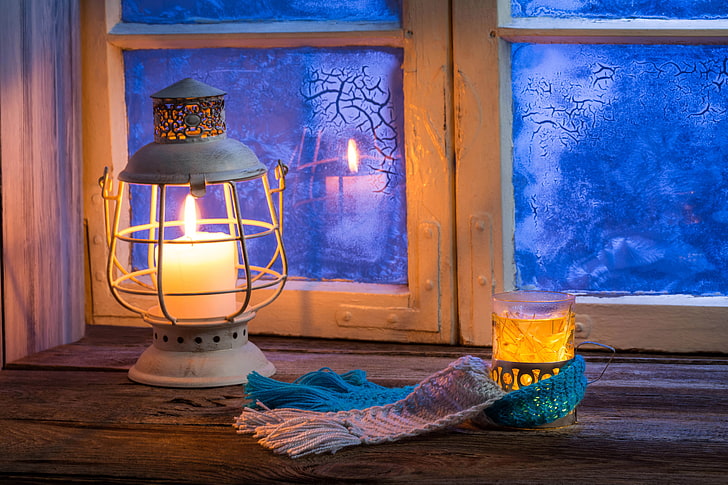 white pillar candle, winter, glass, comfort, reflection, heat