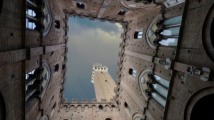 worm's eye view, clouds, nature, sky, architecture, Italy, tower, HD wallpaper