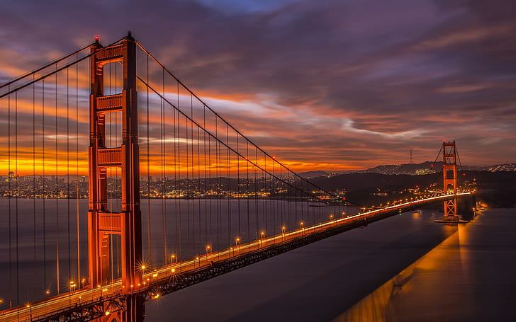 California, San Francisco Bridge, Golden Gate, beautiful evening, dusk, lights, HD wallpaper