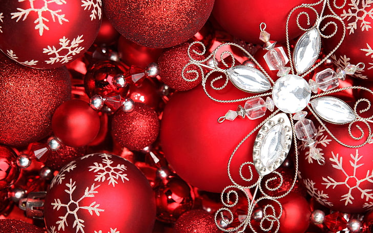 New Year, Christmas ornaments, decorations, snowflakes, red, HD wallpaper