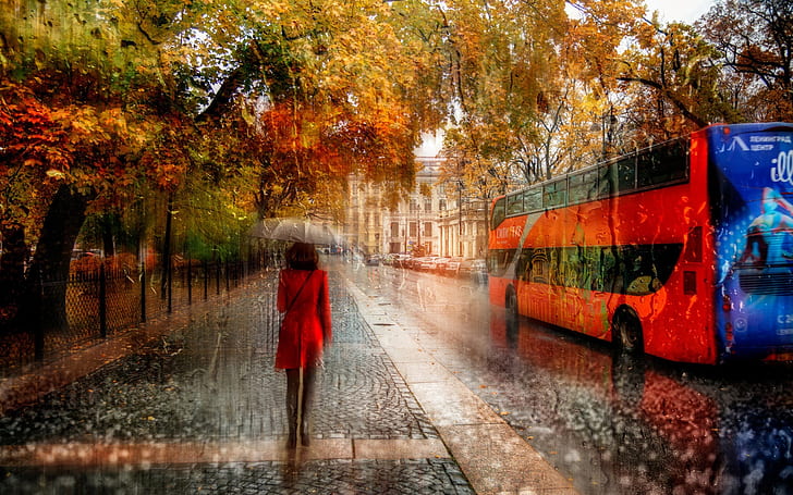 Creative pictures, St. Petersburg, girl, rain, autumn, road, cars