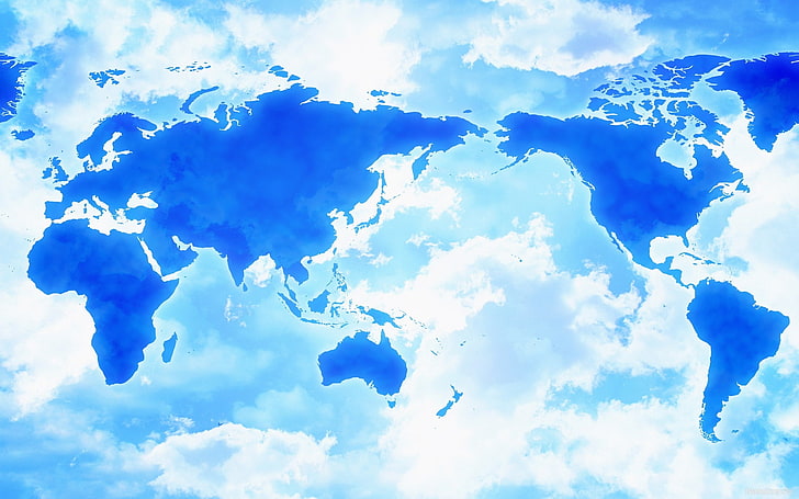 blue and teal world map, clouds, Asia, America, Africa, cloud - sky