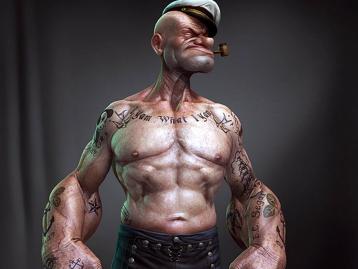 Popeye, tattoo, muscular build, strength, exercising, shirtless