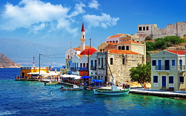 three white boats, greece, dock, building, sea, architecture, HD wallpaper