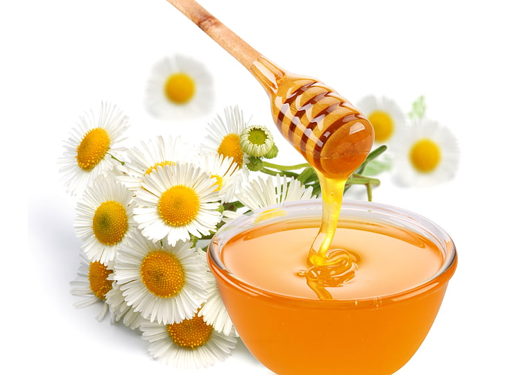 honey and wooden rod, flower, chamomile, sweet, bamboo Dipper, HD wallpaper
