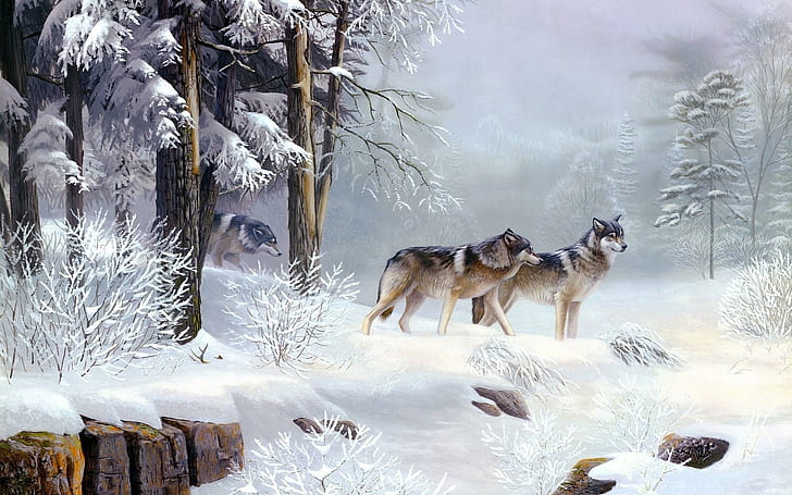 Forest Wolf, two brown wolf dogs painting, snow, tree, animals