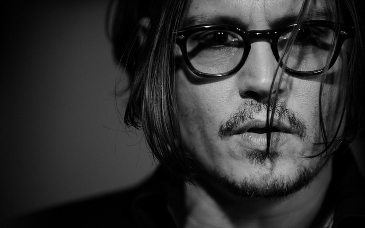 Johnny Depp, actor, face, glasses, beard, black white, people