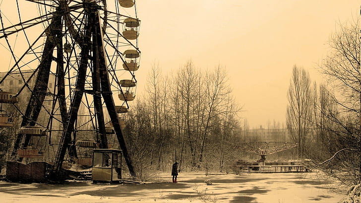 anime snow ferris wheel abandoned urban exploration winter trees nature pripyat chernobyl ghost town, HD wallpaper