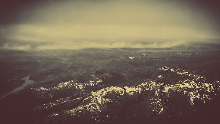 white clouds, mountains, nature, sepia, landscape, beauty in nature