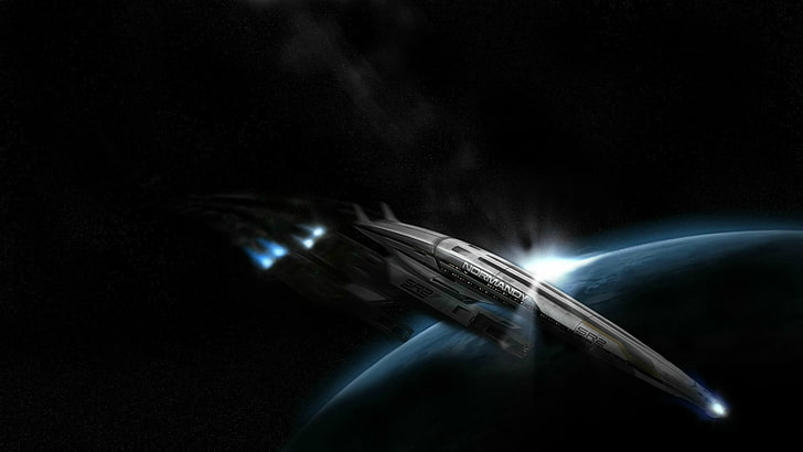 spaceship on outer space, Mass Effect, Normandy SR-2, planet earth