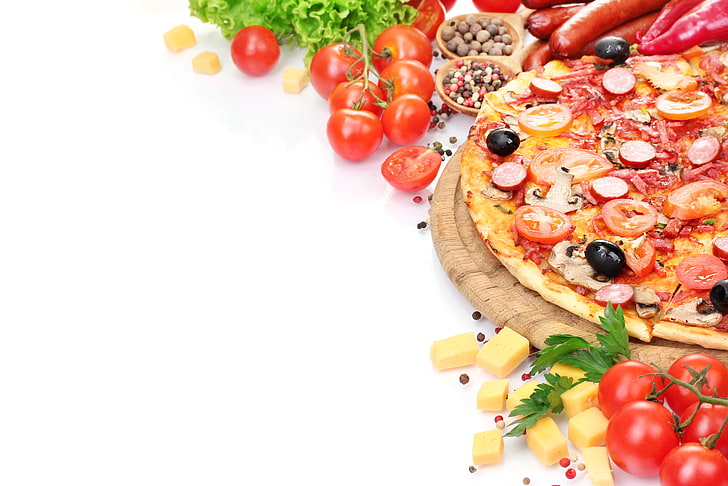 pizza and vegetable, vegetables, tasty, ready, tomato, cheese, HD wallpaper