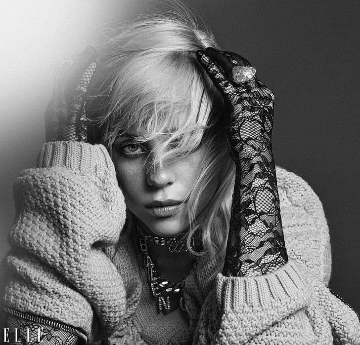 monochrome, blonde, hair over one eye, sweater, looking at viewer