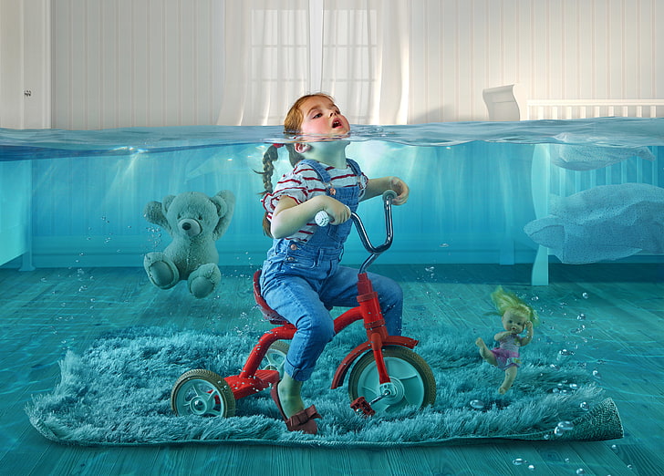 Dream, Underwater, Toddler, Teddy bear, 4K, Submerged, Cute girl