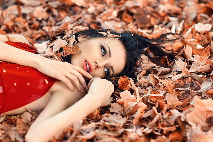 leaves, girl, makeup, Alessandro Di Cicco, Perfect Autumn, one person