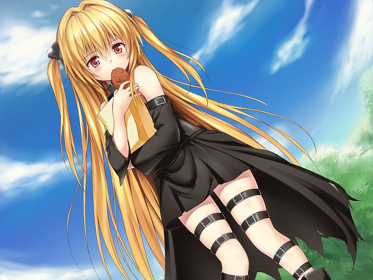 blondes clouds trees dress food long hair to love ru golden darkness red eyes twintails game cg blus Abstract 3D and CG HD Art