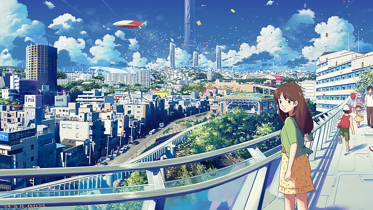 woman character digital wallpaper, anime, landscape, cityscape