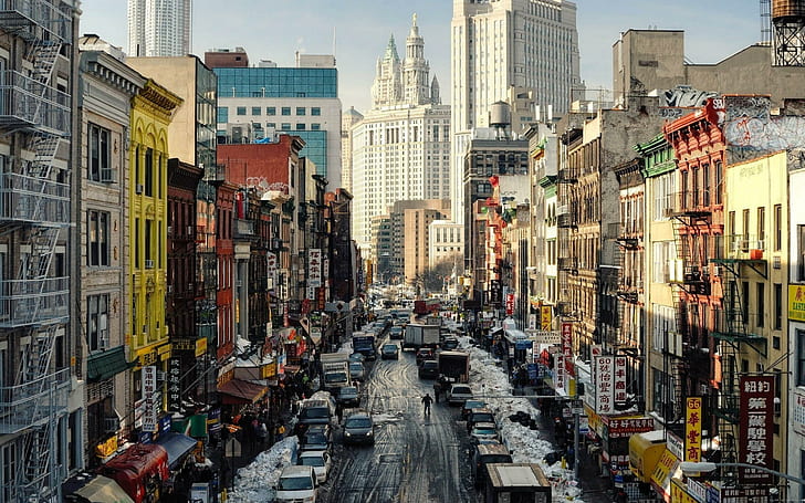 New York city street after rain, car lot, world, building, HD wallpaper