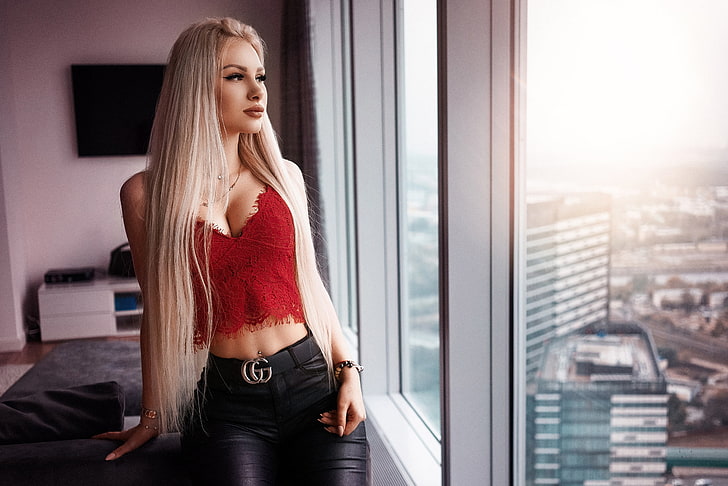 Anton Shabunin, women indoors, blonde, long hair, cleavage, HD wallpaper