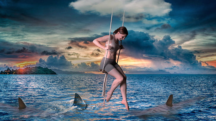 2560x1440 px digital art legs Photo Manipulation Rope swing sea shark sky women Animals Dogs HD Art, HD wallpaper