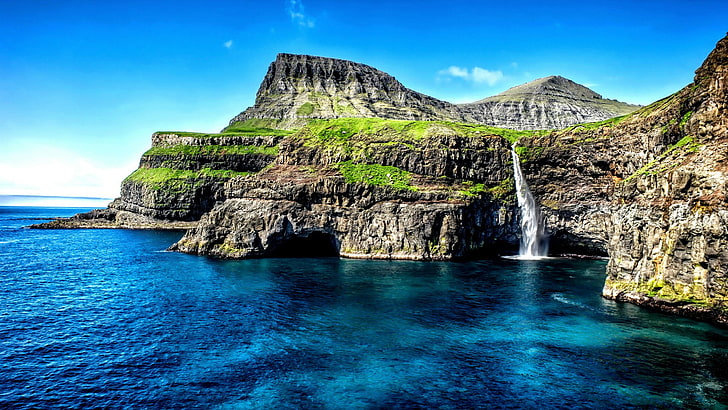 nature, sea, mulafossur waterfall, promontory, coast, cliff