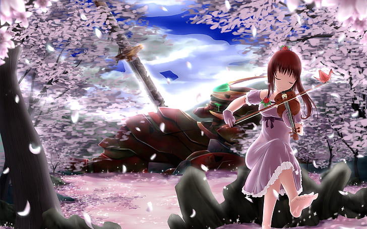 Red hair anime girl play violin, sakura petals, trees, red hair girl wearing pink dress playing the violin anime character