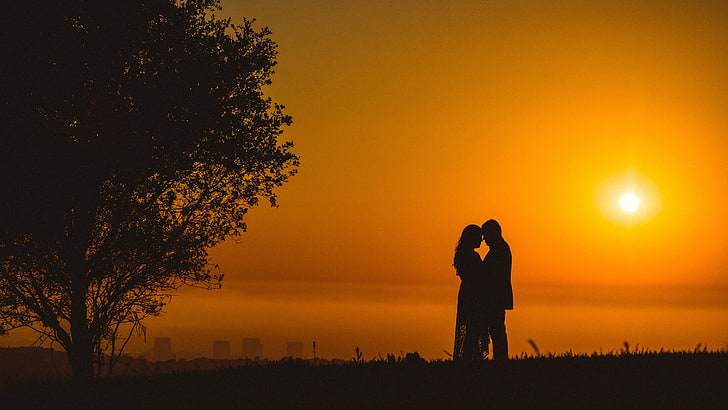 Couple Romantic Sunset 5K, orange color, tree, sky, silhouette, HD wallpaper