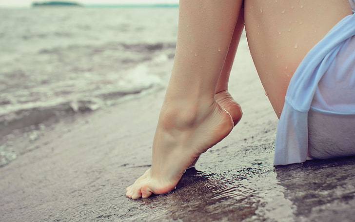 Barefoot, beach, Feet, Toes, water, wet, women, human body part