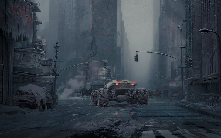 car, people, wreck, artwork, apocalyptic, science fiction, building