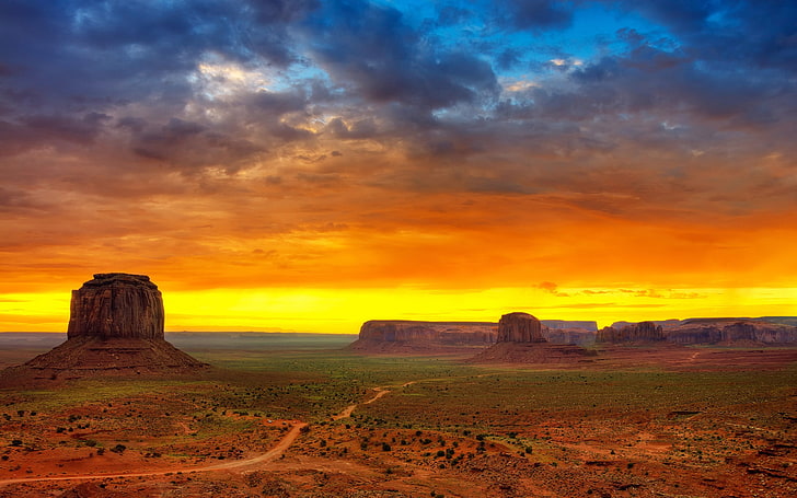 Monument Valley, sunset, desert, rock formation, dirt road, HD wallpaper
