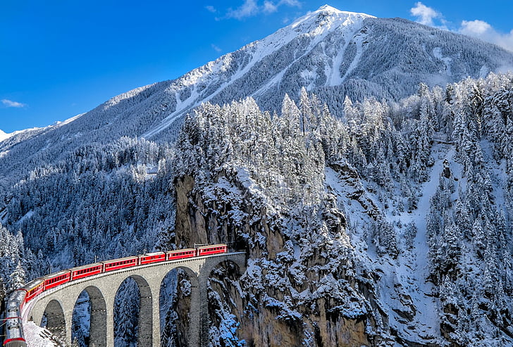 Man Made, The Glacier Express, Bridge, Train, Winter, HD wallpaper