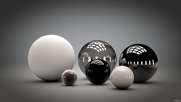 white and black balls, shape, sleek, reflection, sphere, illustration, HD wallpaper