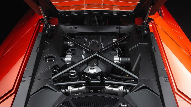 black and red power tool, Lamborghini Aventador, car, red cars, HD wallpaper