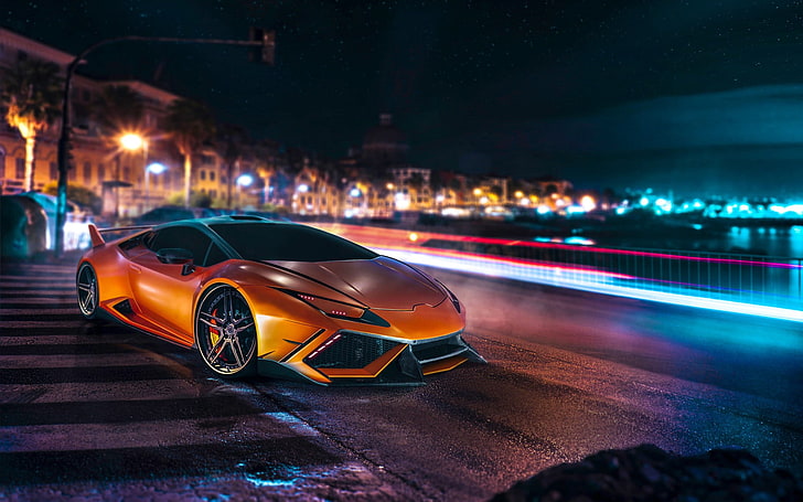 orange luxury car, Lamborghini Huracan, long exposure, night