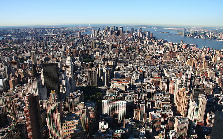 landmark city, skyscrapers, roof, Manhattan, megapolis, building exterior, HD wallpaper