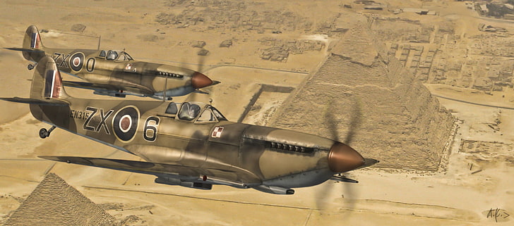 two brown fighter plane illustrations, flight, the plane, desert, HD wallpaper