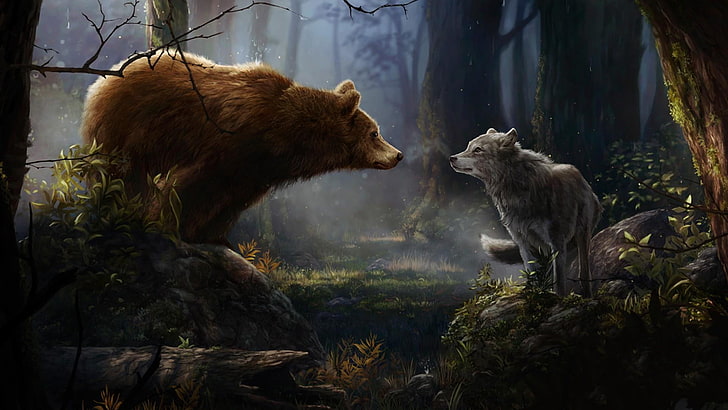 HD wallpaper: gray wolf, wilderness, wildlife, bear, forest, cartoon,  illustration | Wallpaper Flare