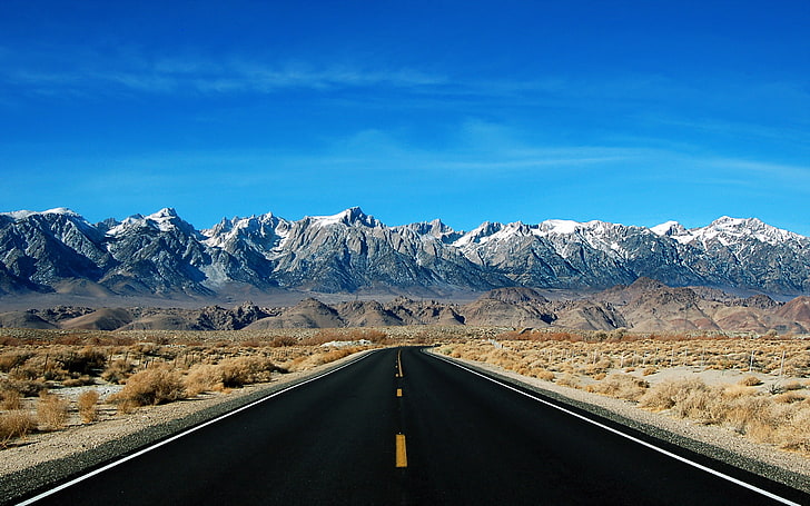 Sierra Nevada And Mount Whitney, black concrete road, Nature