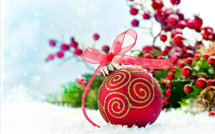 Christmas, New Year, Christmas ornaments, berries, snow, depth of field
