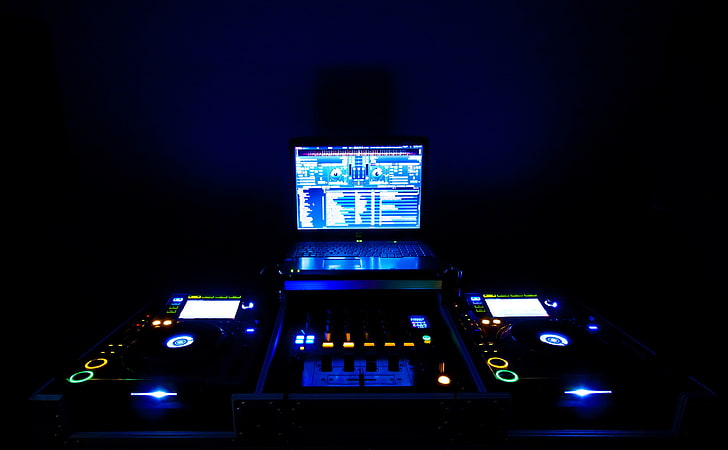 Pioneer DJ, flat screen computer monitor, Music, Dark, blue light