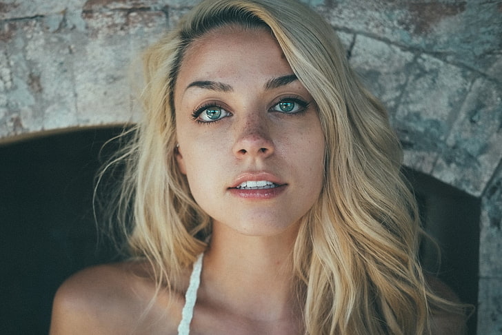 woman's face, women, model, blonde, freckles, blue eyes, closeup, HD wallpaper