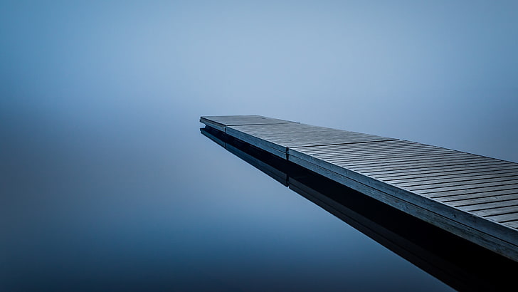 grey concrete edge, brown wooden dock, water, nature, mist, lake