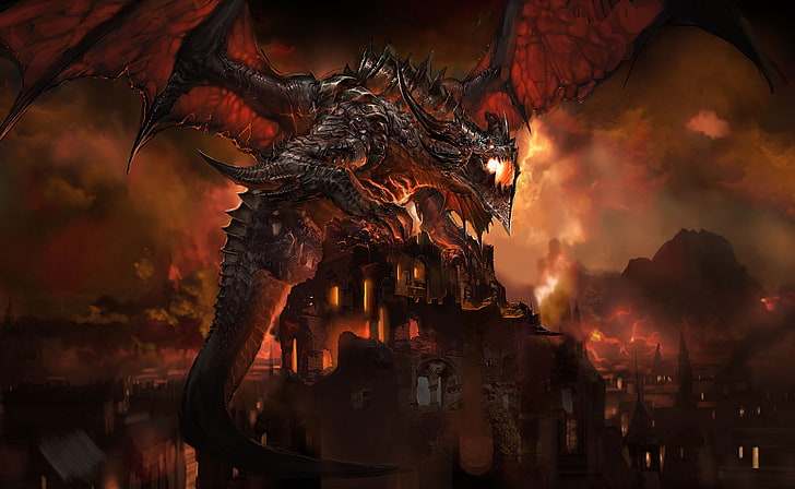 black and red dragon illustration, WoW, World of Warcraft, Cataclysm