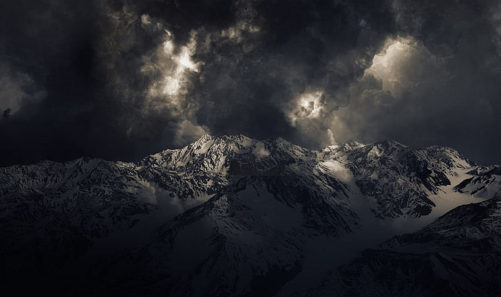clouds, Dark, landscape, mountains, nature, Snowy Peak, storm, HD wallpaper