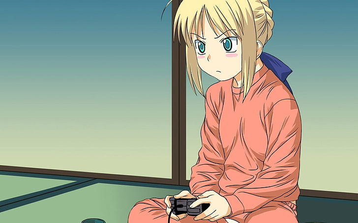  Fondo de pantalla HD Personaje de anime femenino de pelo amarillo con ilustración de controlador de juego