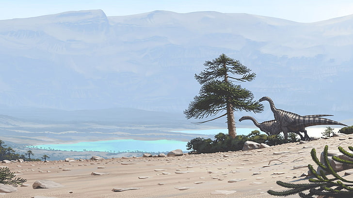 dinosaurs, Simon Stålenhag, mountain, tree, nature, plant, HD wallpaper