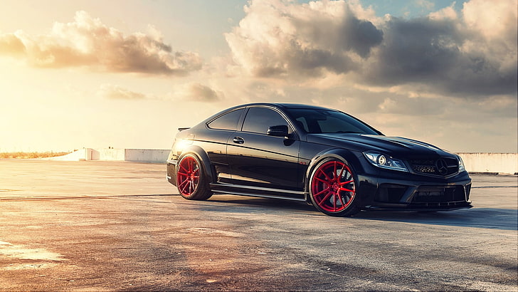 black coupe, black coupe parked on gray pavement, car, Mercedes-Benz, HD wallpaper