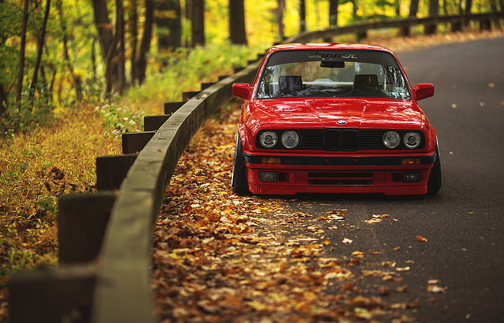 red car, road, autumn, leaves, BMW, E30, mode of transportation